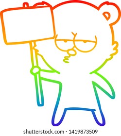 rainbow gradient line drawing of a bored polar bear cartoon with sign 