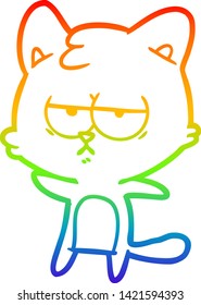 dibujo de una línea de gradiente de arco iris de un gato de dibujos animados aburrido