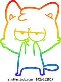 dibujo de una línea de gradiente de arco iris de un gato de dibujos animados aburrido