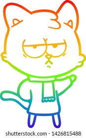 rainbow gradient line drawing of a bored cartoon cat in winter clothes