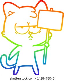 rainbow gradient line drawing of a bored cartoon cat with sign post