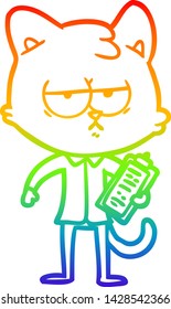 rainbow gradient line drawing of a bored cartoon cat taking survey