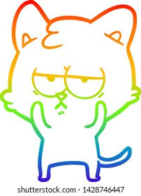 dibujo de una línea de gradiente de arco iris de un gato de dibujos animados aburrido