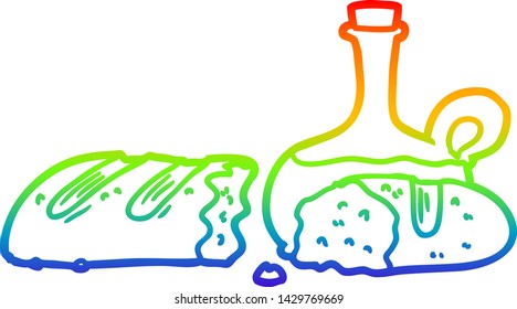 rainbow gradient line drawing of a bread and oil cartoon