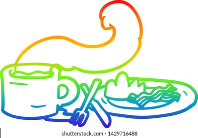 rainbow gradient line drawing of a breakfast of coffee and bacon