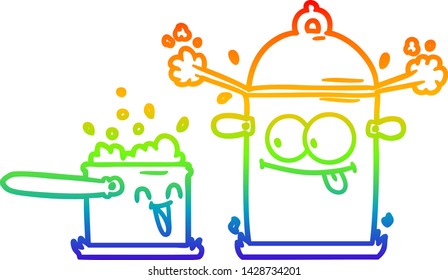 rainbow gradient line drawing of a bubbling pans cartoon