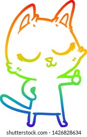 dibujo de una línea de gradiente arco iris de un gato de dibujos animados tranquilo