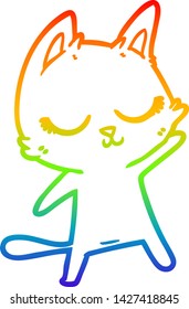 rainbow gradient line drawing of a calm cartoon cat waving