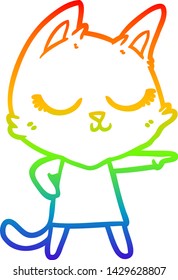 dibujo de la línea de gradiente de arco iris de una gata de dibujos animados tranquila señalando