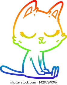 dibujo de una línea de gradiente arco iris de un gato de dibujos animados tranquilo