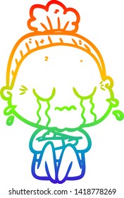 rainbow gradient line drawing of a cartoon crying old lady