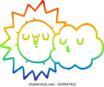 dibujo de línea de gradiente de arco iris de un sol de dibujos animados y una nube