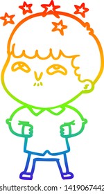 rainbow gradient line drawing of a cartoon amazed boy