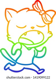 rainbow gradient line drawing of a cartoon yawning cat