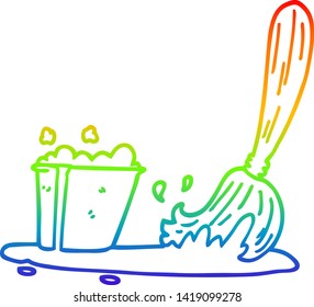 rainbow gradient line drawing of a cartoon bucket and mop