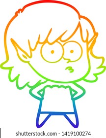 rainbow gradient line drawing of a cartoon elf girl staring