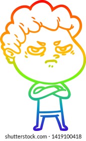 rainbow gradient line drawing of a cartoon angry man