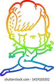 rainbow gradient line drawing of a cartoon crying girl running
