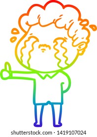 dibujo de una línea de gradiente de arco iris de un hombre de dibujos animados llorando