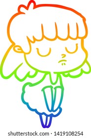 rainbow gradient line drawing of a cartoon indifferent woman