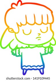 rainbow gradient line drawing of a cartoon indifferent woman