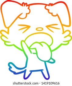 dibujo de una línea de gradiente de arco iris de un perro asqueado con dibujos animados