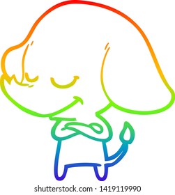 rainbow gradient line drawing of a cartoon smiling elephant with crossed arms