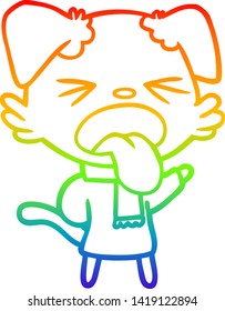 dibujo de una línea de gradiente de arco iris de un perro caricaturista que usa bufanda y pullover