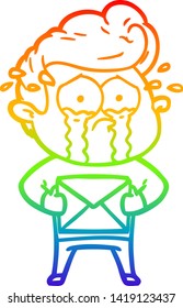 rainbow gradient line drawing of a cartoon crying man receiving letter