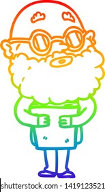 dibujo de una línea de gradiente de arcoiris de un hombre curioso de dibujos animados con barba y gafas