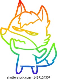 rainbow gradient line drawing of a cartoon annoyed wolf