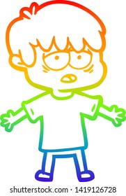 rainbow gradient line drawing of a cartoon exhausted boy