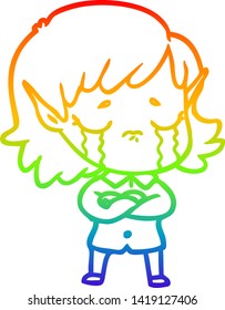 rainbow gradient line drawing of a cartoon crying elf girl