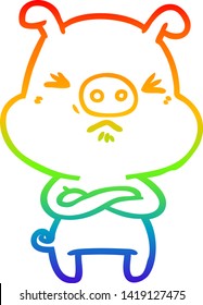 rainbow gradient line drawing of a cartoon angry pig