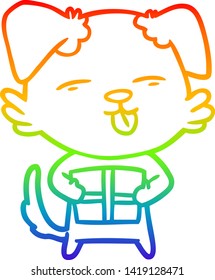 rainbow gradient line drawing of a cartoon dog with christmas present