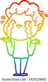 rainbow gradient line drawing of a cartoon man crying
