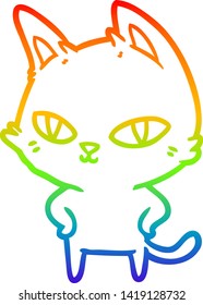dibujo de una línea de gradiente de arco iris de un gato de dibujos animados con ojos brillantes