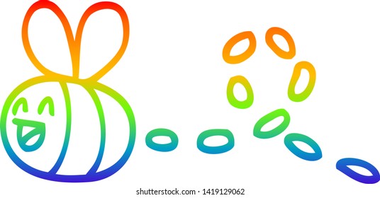 dibujo de la línea de gradiente del arco iris de una abeja que zumba con dibujos animados