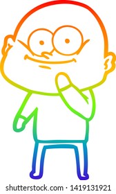 rainbow gradient line drawing of a cartoon bald man staring