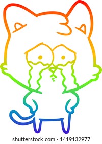 rainbow gradient line drawing of a cartoon crying cat