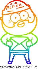 rainbow gradient line drawing of a cartoon surprised bearded man holding letter