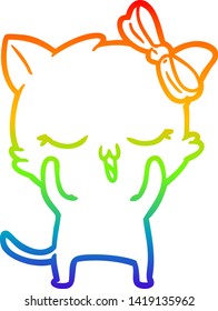rainbow gradient line drawing of a cartoon cat with bow on head