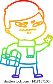 rainbow gradient line drawing of a cartoon angry man carrying parcel