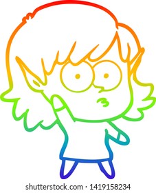dibujo de la línea del gradiente del arcoiris de una joven elfo de dibujos animados ondeando
