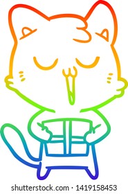 rainbow gradient line drawing of a cartoon cat with present