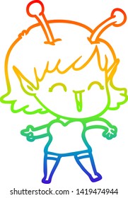 rainbow gradient line drawing of a cartoon alien girl laughing