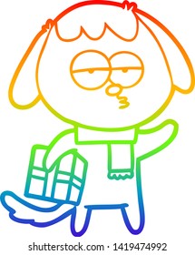 rainbow gradient line drawing of a cartoon bored dog with christmas present