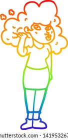 rainbow gradient line drawing of a cartoon girl playing with hair