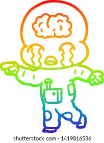 rainbow gradient line drawing of a cartoon big brain alien crying