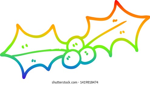 rainbow gradient line drawing of a cartoon xmas holly
